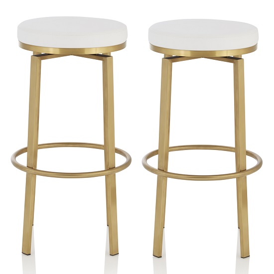 Perona Bar Stool In White Faux Leather And Gold Legs In A Pair