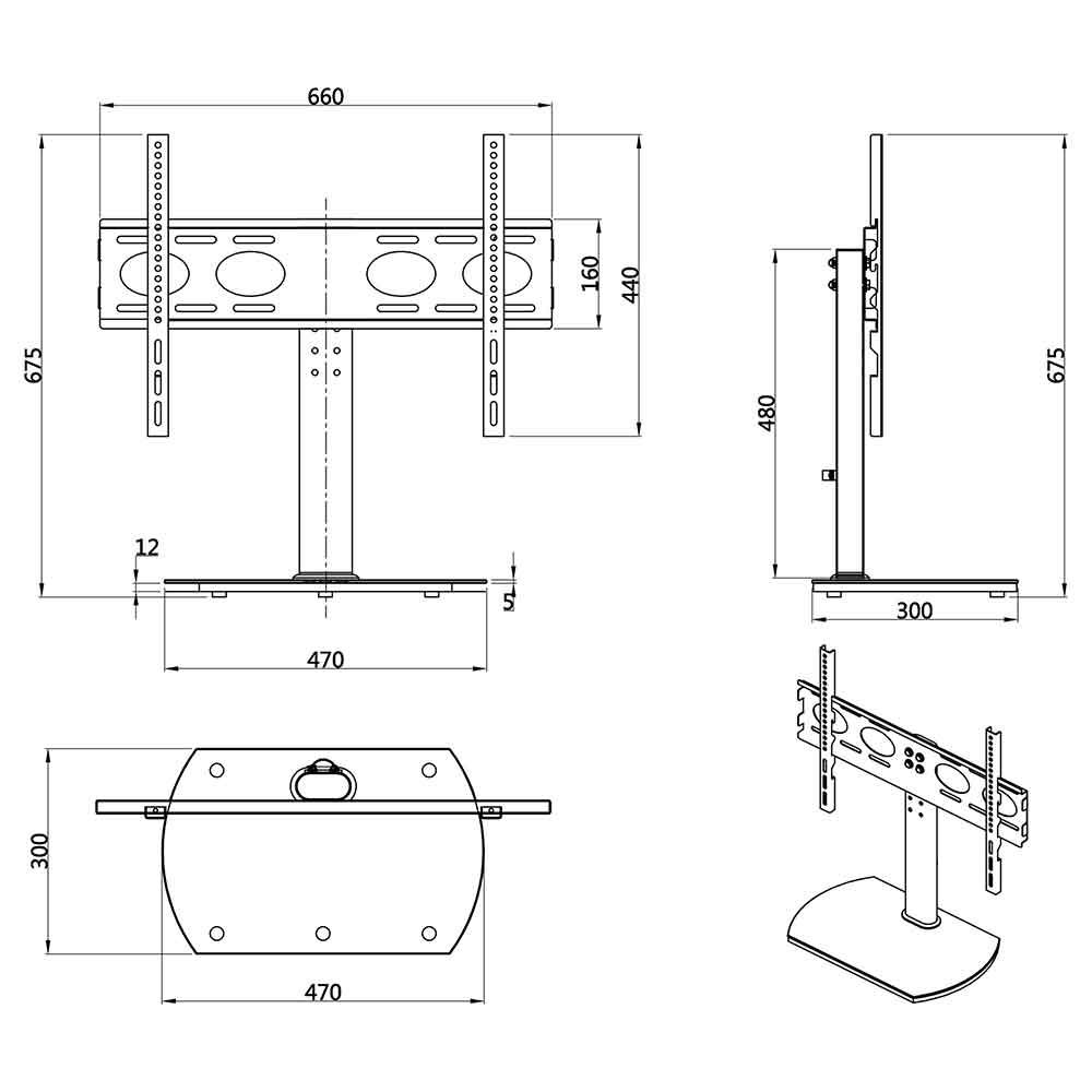 Perth 65'' Universal Fixed TV Stand Mount Bracket with Black Glass Base