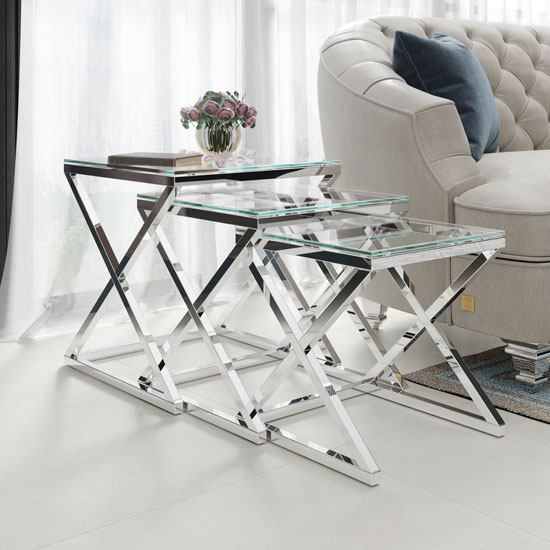Pesaro Set Of 3 Glass Nesting Tables In Clear With Silver Base | FiF