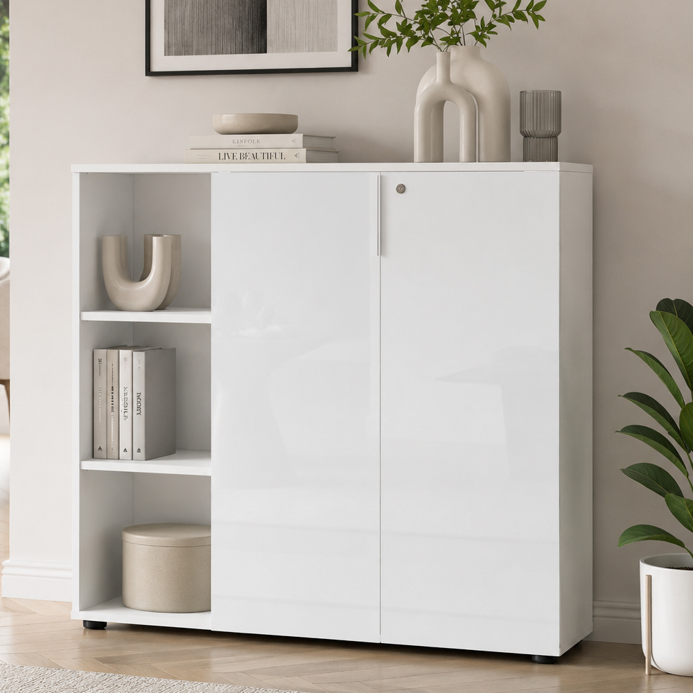 Pescara High Gloss Office Office Cabinet with 2 Doors 3 Shelves in White