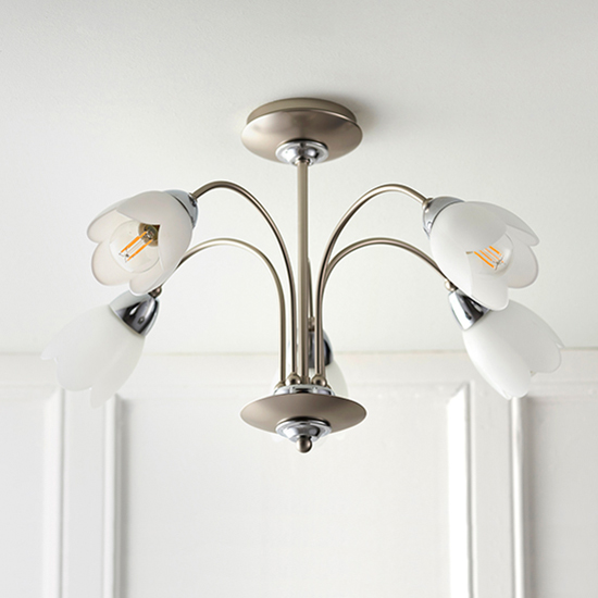 Product photograph of Petal 5 Lights Glass Semi Flush Ceiling Light In Satin Chrome from Furniture in Fashion