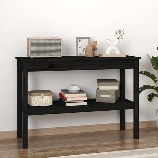 Petey Pinewood Console Table With Undershelf In Black Furniture in