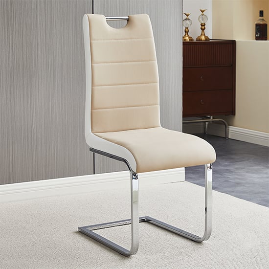 Product photograph of Petra Faux Leather Dining Chair In Taupe And White from Furniture in Fashion