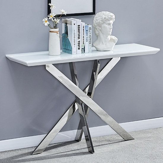 Photo of Petra glass top high gloss console table in white and chrome legs