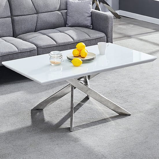 Product photograph of Petra Glass Top High Gloss Coffee Table In White And Chrome Legs from Furniture in Fashion