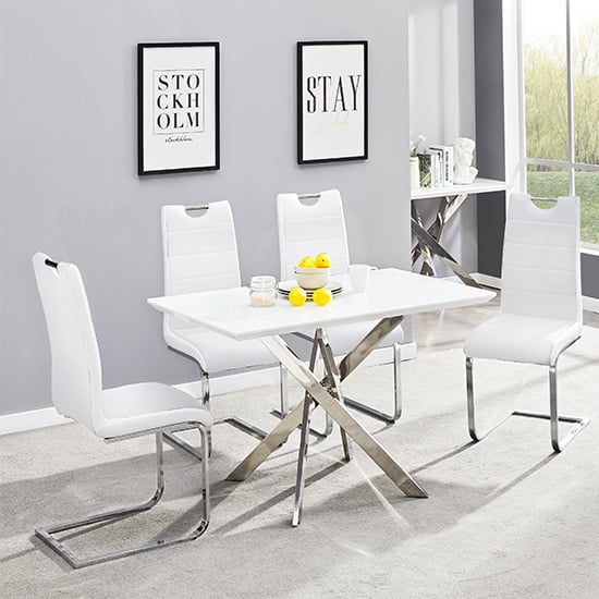 Read more about Petra small white glass dining table with 4 petra white chairs