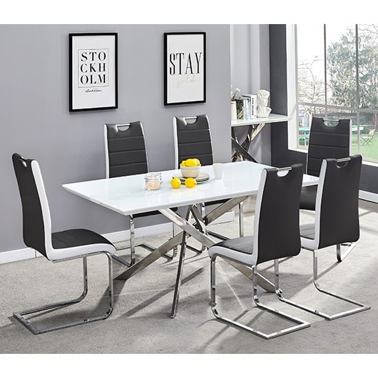 Product photograph of Petra Large White Glass Dining Table 6 Petra Black White Chairs from Furniture in Fashion