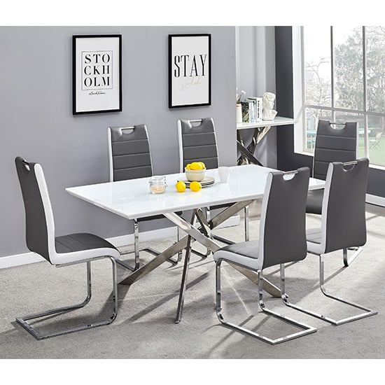 Petra Large White Glass Dining Table 6 Petra Grey White Chairs_1