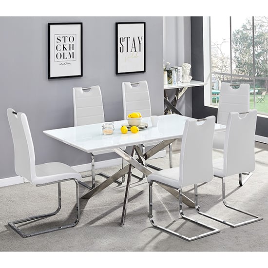 Read more about Petra large white glass dining table with 6 petra white chairs