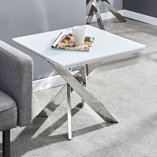 Photo of Petra glass top high gloss lamp table in white and chrome legs