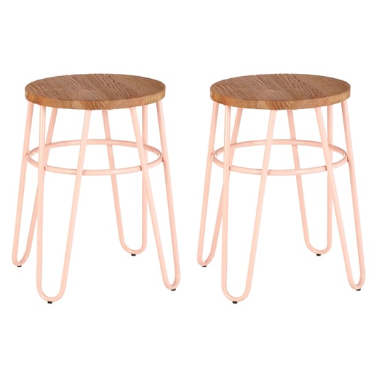 Photo of Pherkad wooden hairpin stools with pink metal legs in pair