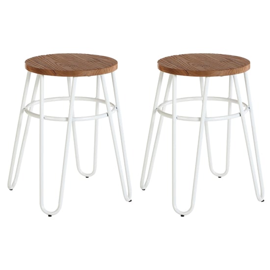 Pherkad Wooden Hairpin Stools With White Metal Legs In Pair_1