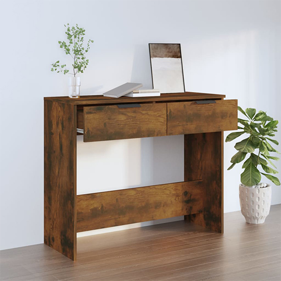 Phila Wooden Console Table With 2 Drawers In Smoked Oak