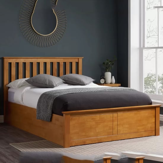 Product photograph of Phoney Rubberwood Ottoman King Size Bed In Oak from Furniture in Fashion
