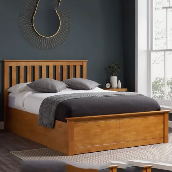 Read more about Phoney rubberwood ottoman king size bed in oak