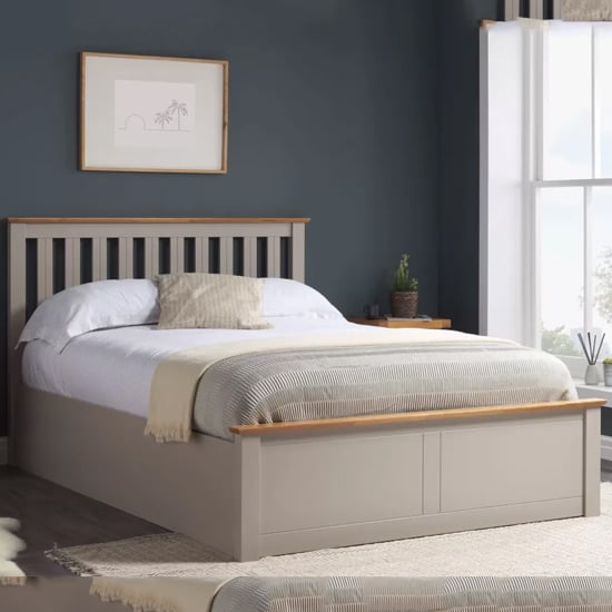 Product photograph of Phoney Rubberwood Ottoman King Size Bed In Pearl Grey from Furniture in Fashion