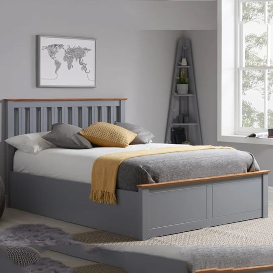 Product photograph of Phoney Rubberwood Ottoman King Size Bed In Stone Grey from Furniture in Fashion