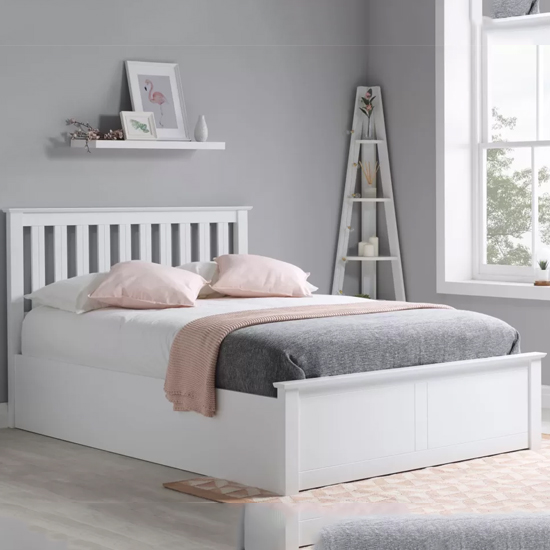 Product photograph of Phoney Rubberwood Ottoman King Size Bed In White from Furniture in Fashion