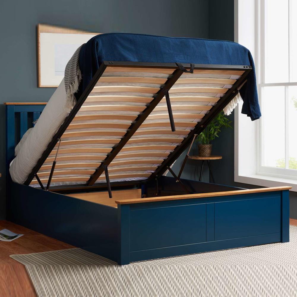 Phoney Wooden Ottoman Storage King Size Bed In Navy Blue