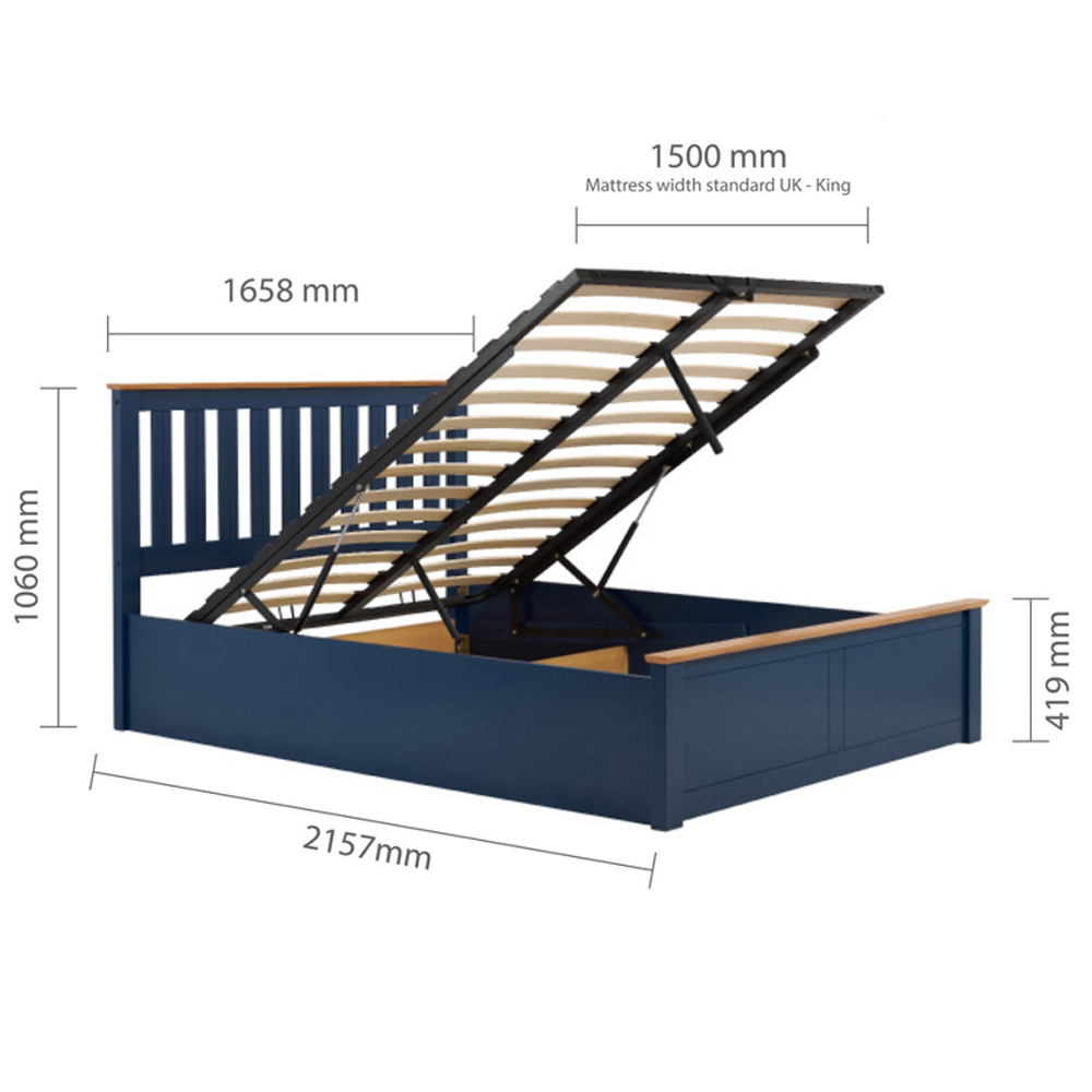 Phoney Wooden Ottoman Storage King Size Bed In Navy Blue