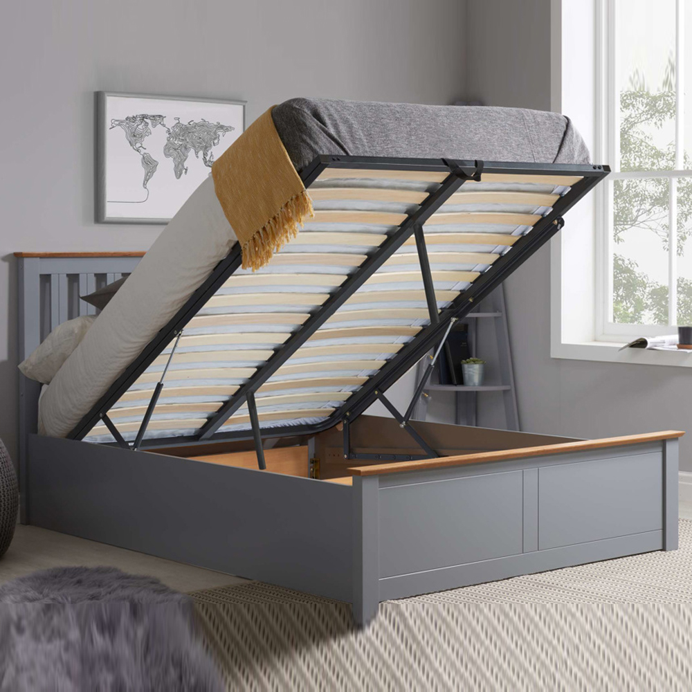 Phoney Wooden Ottoman Storage King Size Bed In Stone Grey