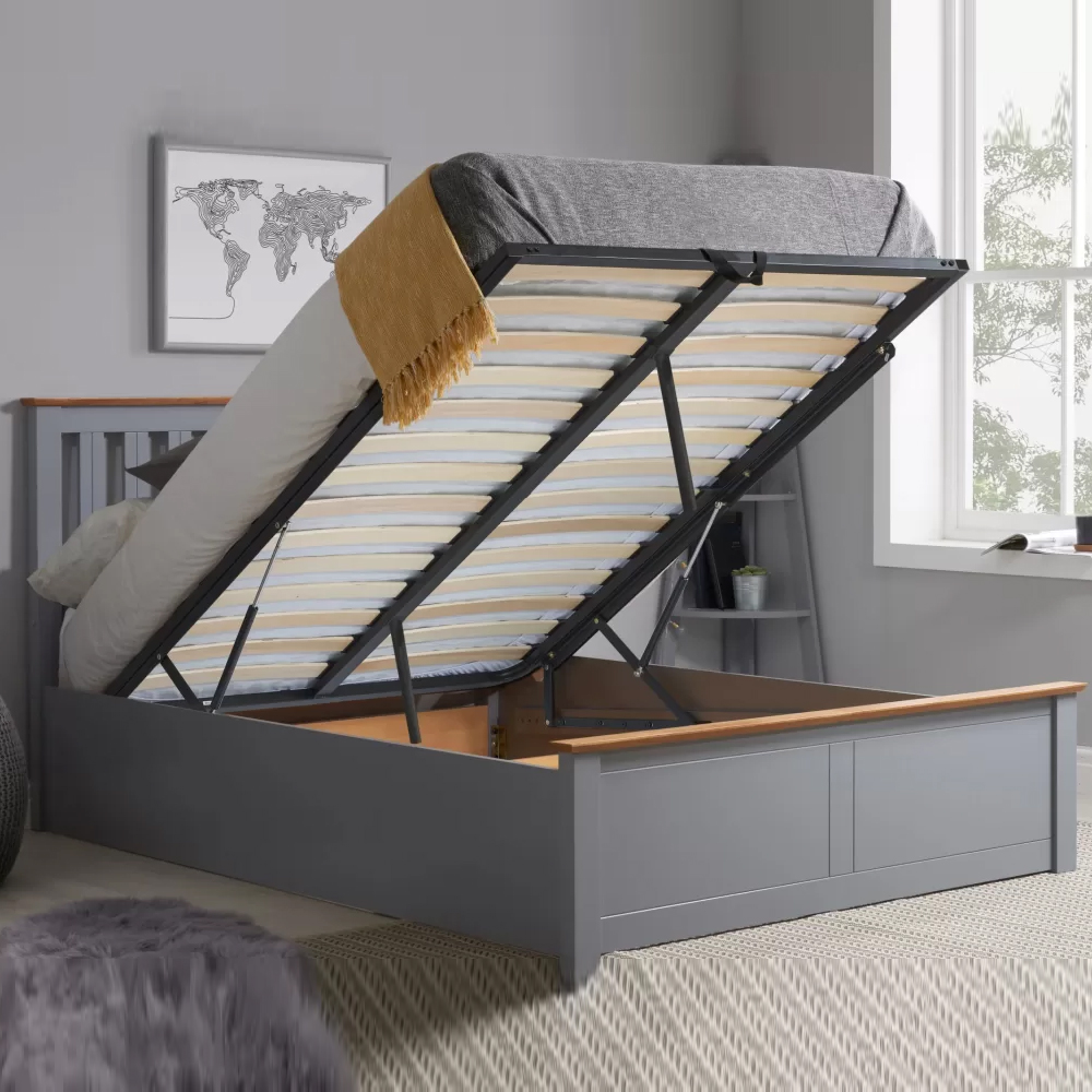 Phoney Wooden Ottoman Storage Single Bed In Stone Grey