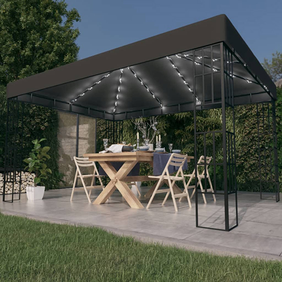 Piav Large Fabric Gazebo In Anthracite With LED String Lights