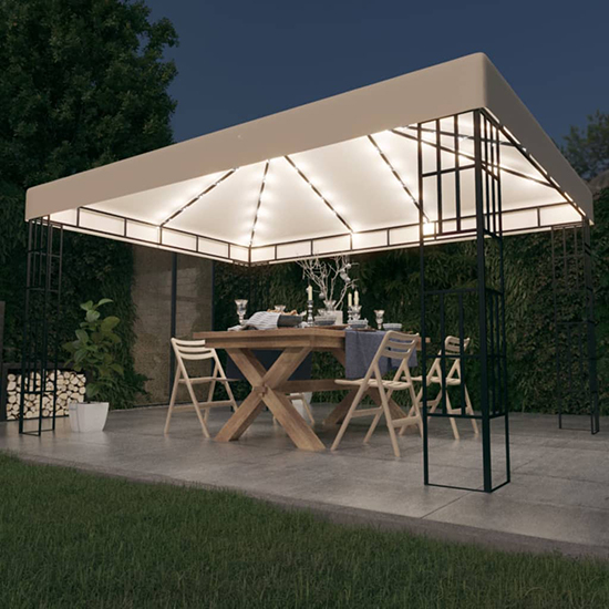 Piav Large Fabric Gazebo In Cream With LED String Lights
