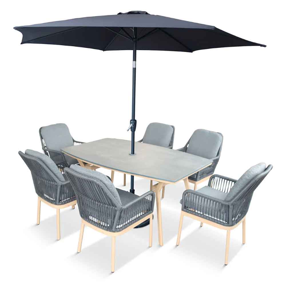 Piero Aluminium Garden 6 Seater Dining Set with Parasol in Charcoal Grey and Oak