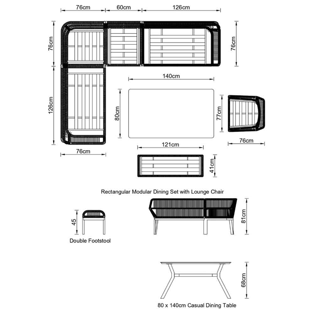 Piero Aluminium Rectangular Modular Dining Set in Charcoal Grey and Oak