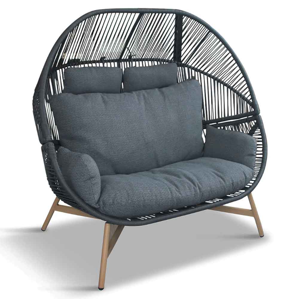 Piero Rattan Garden 2 Seater Cocoon Chair in Charcoal Grey and Oak