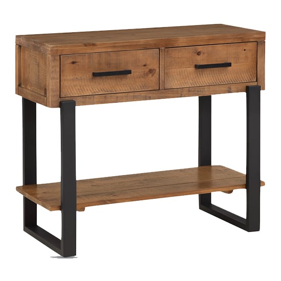 Read more about Pierre pine wood console table large 2 drawers in rustic oak