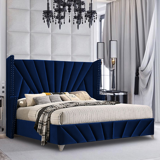 Pikeville Plush Velvet Double Bed In Blue