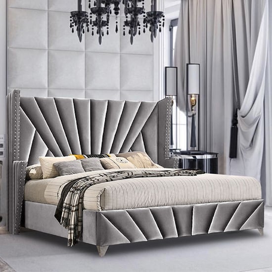 Pikeville Plush Velvet King Size Bed In Grey