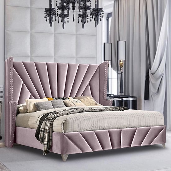 Pikeville Plush Velvet King Size Bed In Pink Furniture in Fashion