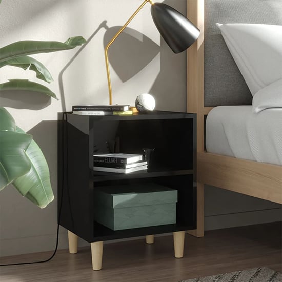 Pilis High Gloss Bedside Cabinet In Black With Natural Legs_1