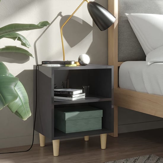 Photo of Pilis high gloss bedside cabinet in grey with natural legs