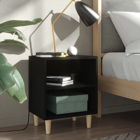 Pilis Wooden Bedside Cabinet In Black With Natural Legs_1