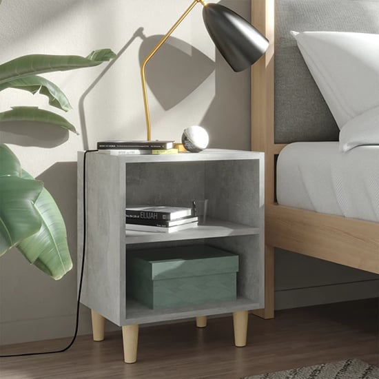 Pilis Wooden Bedside Cabinet In Concrete Effect With Natural Legs