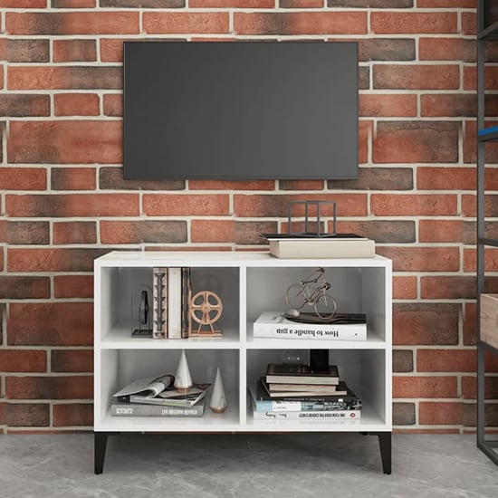 Read more about Pilvi high gloss tv stand in white with metal legs