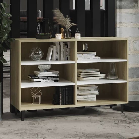 Read more about Pilvi wooden bookcase with 6 shelves in white and sonoma oak