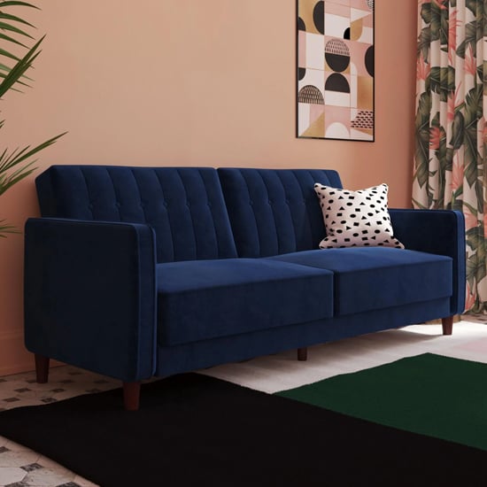 Product photograph of Pina Velvet Sofa Bed With Wooden Legs In Blue from Furniture in Fashion