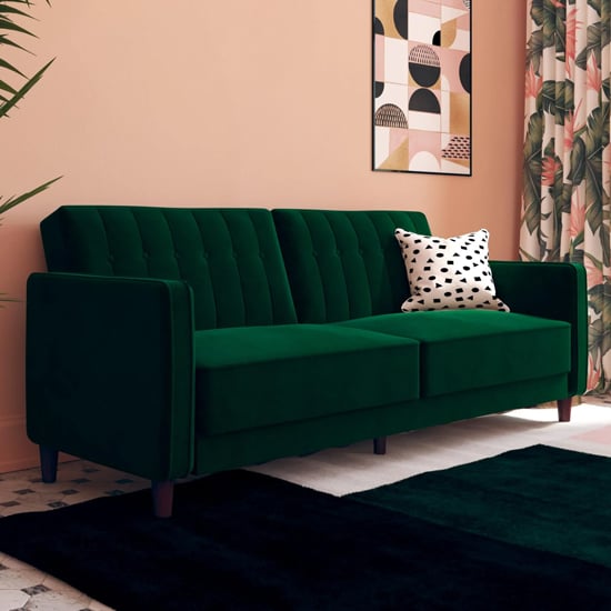 Product photograph of Pina Velvet Sofa Bed With Wooden Legs In Green from Furniture in Fashion