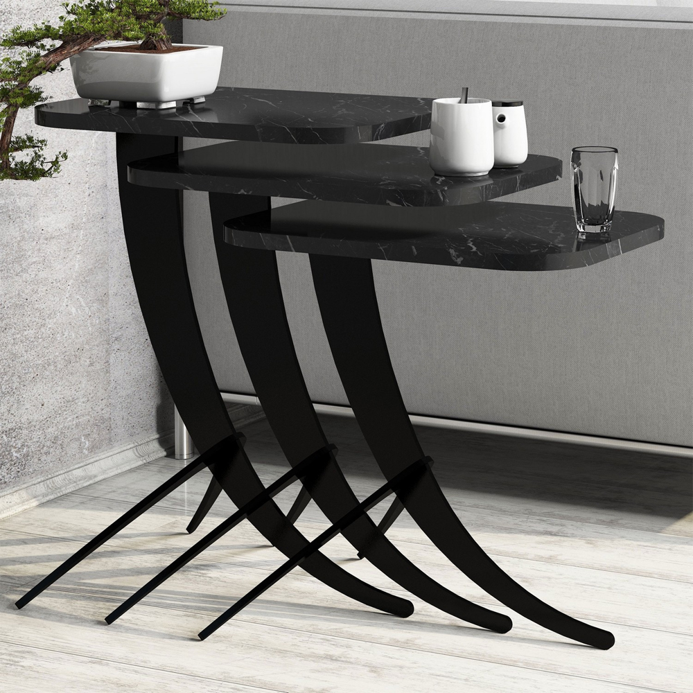 Pion Black Marble Effect Nesting Side Tables with Metal Legs