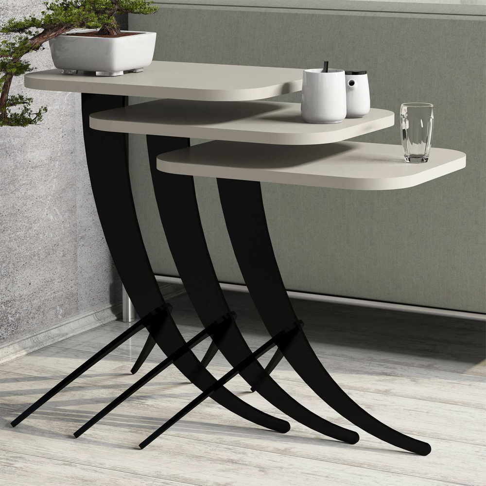 Pion Cream Wooden Nesting Side Tables with Black Metal Legs