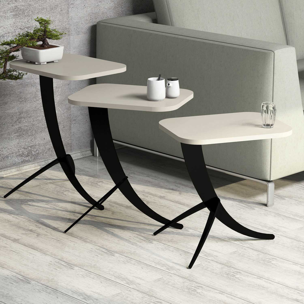 Pion Cream Wooden Nesting Side Tables with Black Metal Legs