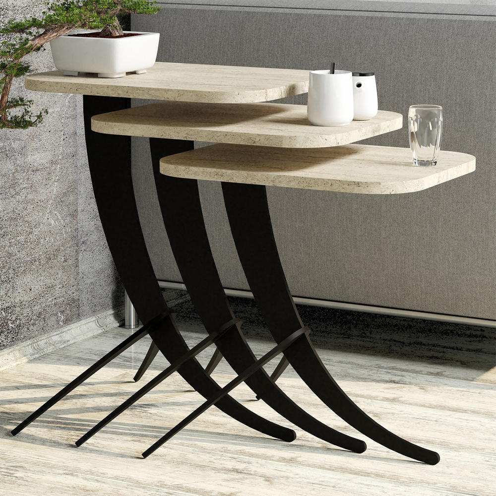 Pion Travertine Marble Effect Nesting Side Tables with Black Metal Legs