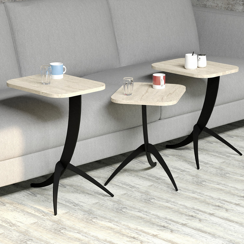 Pion Travertine Marble Effect Nesting Side Tables with Black Metal Legs