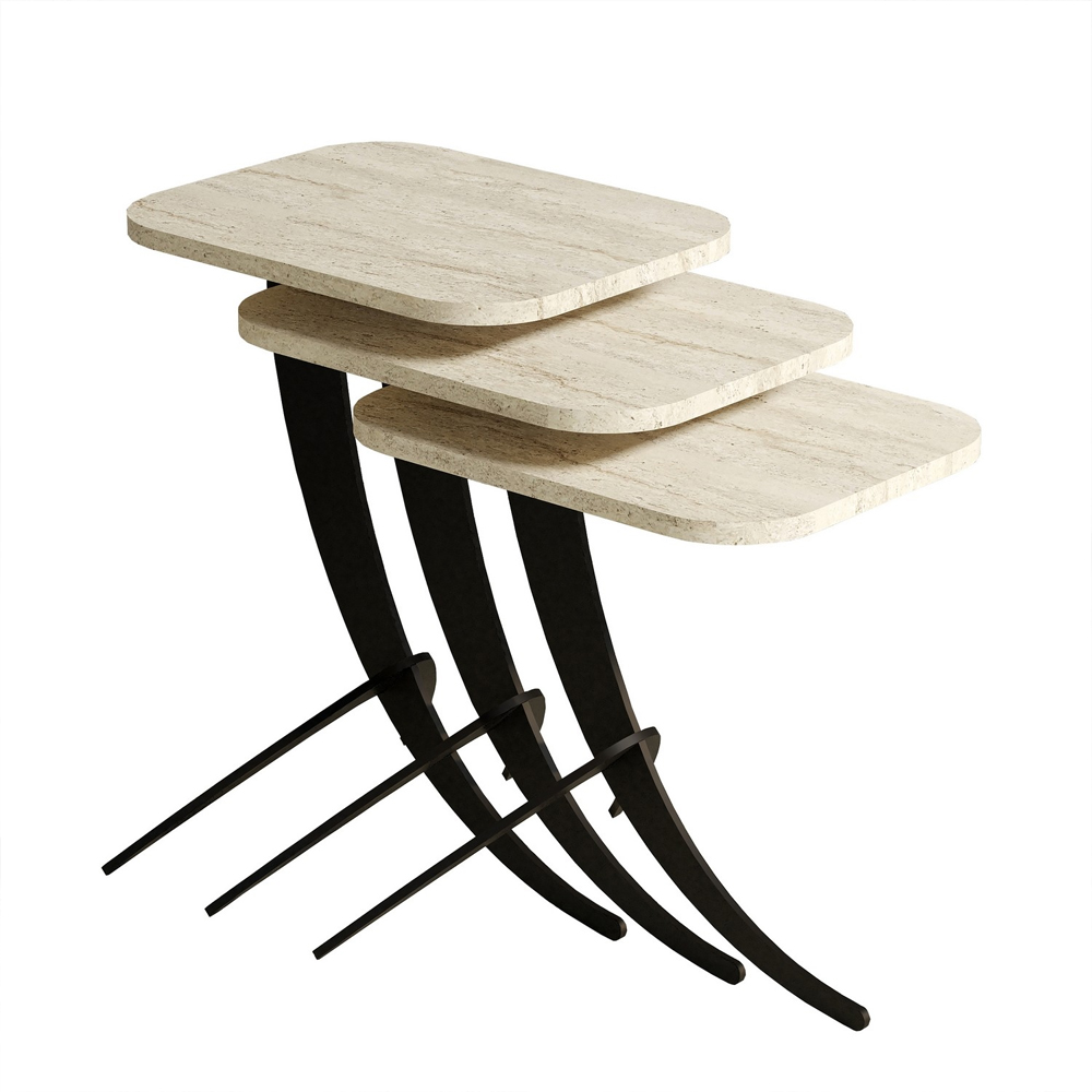Pion Travertine Marble Effect Nesting Side Tables with Black Metal Legs