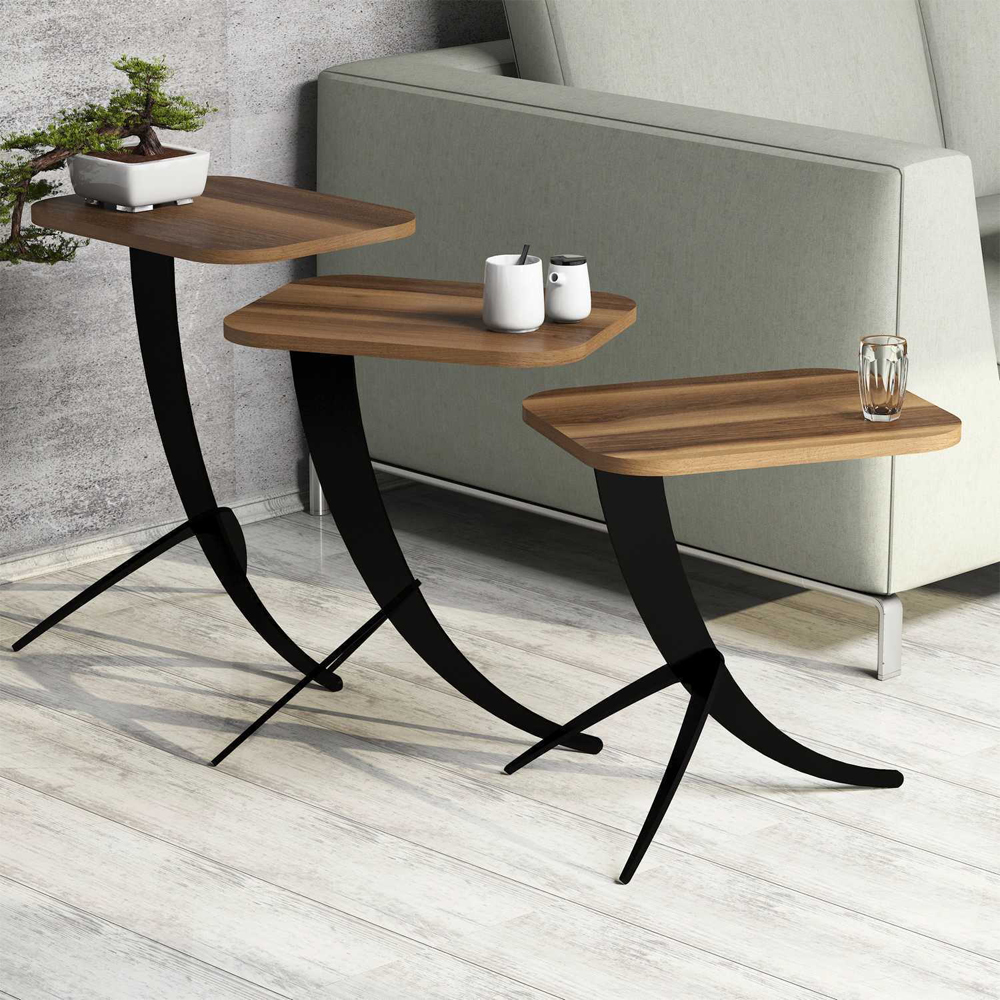Pion Walnut Wooden Nesting Side Tables with Black Metal Legs
